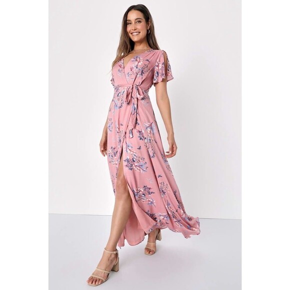 Lulu’s Pink Fiorire Rose Floral Print Faux Wrap Long Maxi Dress Romantic Small - Picture 4 of 11